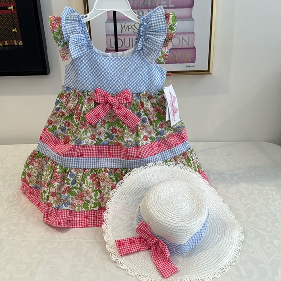 Bonnie Jean Flutter Sleeves Mixed Print Dress with Matching Hat. 3T - Picture 4 of 12